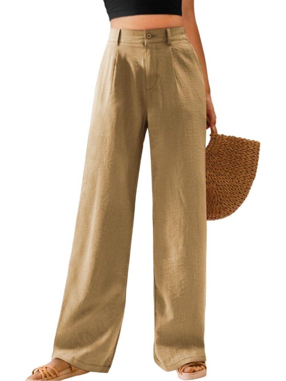 Women's Khaki High Waisted Button Down Straight Long Casual Wide Leg Pants